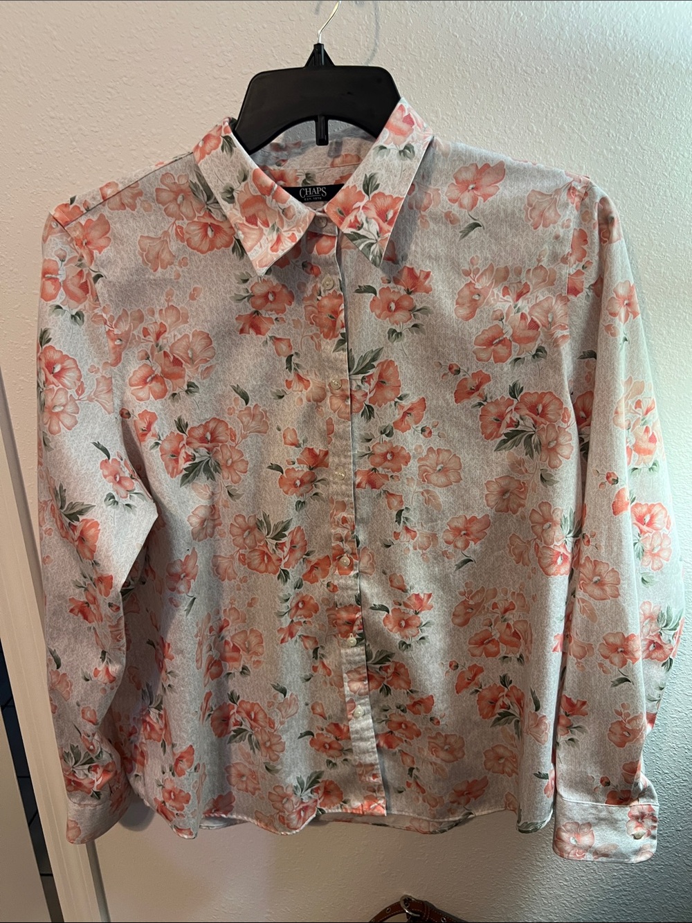 Chaps Coral and Green Floral Button-Up Blouse